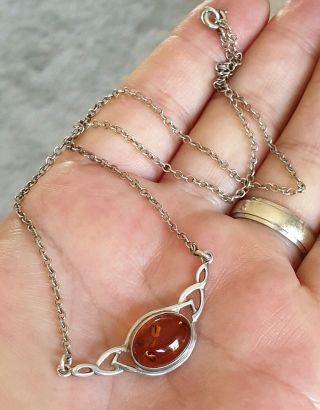 Stunning Vintage Art Deco Jewellery Real Amber Cabochon 925 Silver Necklace