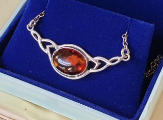 STUNNING VINTAGE ART DECO JEWELLERY REAL AMBER CABOCHON 925 SILVER NECKLACE 2