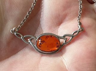 STUNNING VINTAGE ART DECO JEWELLERY REAL AMBER CABOCHON 925 SILVER NECKLACE 4