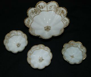 Vintage Nippon White Gold Flower Moriage Hand Painted Footed Bowl Set 3 Cups