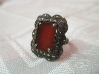 Vintage Silver Ring With Reddish Brown Stone & Marcasites