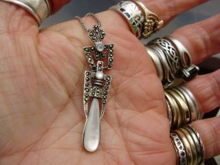 Art Deco Design Vintage Sterling Silver Mother Of Pearl And Marcasite Pendant