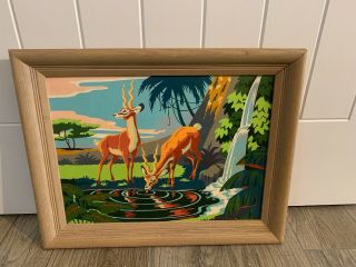 Large Vintage Paint By Numbers Deer Antelope Animals Framed - Great Shape