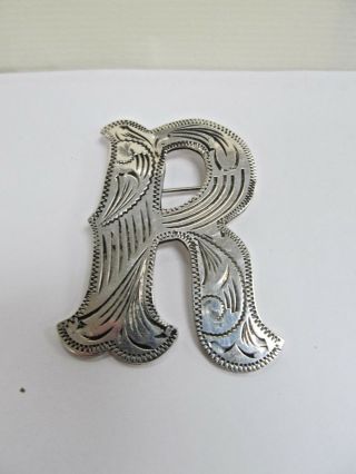 Vintage South Western Mexico.  925 Silver Hand Engraved R Pin/brooch