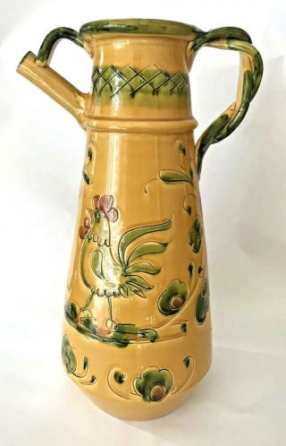 Vtg Large Italian Pottery Glazed Clay Pitcher Jug Yellow Green Sketched Rooster