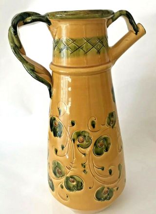 VTG Large Italian Pottery Glazed Clay Pitcher Jug Yellow Green Sketched Rooster 3