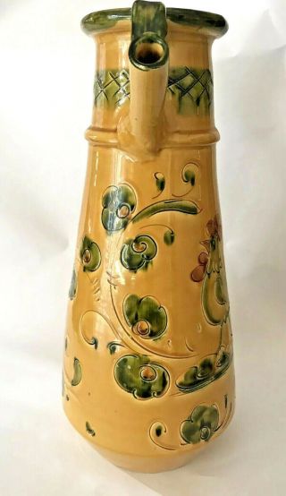 VTG Large Italian Pottery Glazed Clay Pitcher Jug Yellow Green Sketched Rooster 4