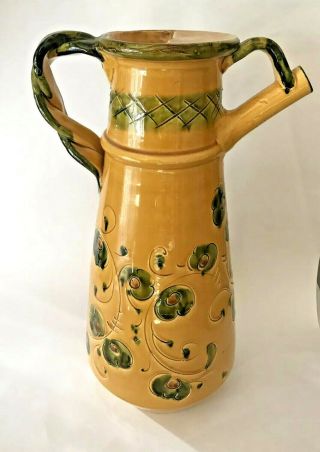 VTG Large Italian Pottery Glazed Clay Pitcher Jug Yellow Green Sketched Rooster 5