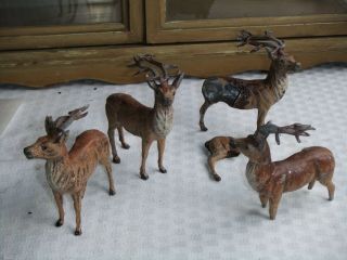 4 Vintage Lead Metal Hand Painted German Putz Stag Deer Figurines