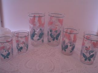 6 Vintage Glasses With Pink,  Blue,  & White Butterflies