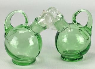 Set Of 2 Vintage Cambridge Glass 3400 Ball Line Green Vinegar Oil Cruets