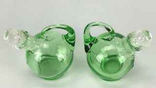 Set of 2 Vintage Cambridge Glass 3400 Ball Line Green Vinegar Oil Cruets 3