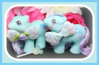 ❤️my Little Pony Mlp G1 Vtg Baby Puddles & Peeks Newborn Twins Blue Bird Set❤️