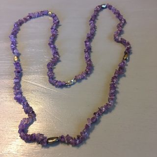 Vintage Amethyst Single Strand Necklace,  Polished Stones,  Silver Beads 38” Long