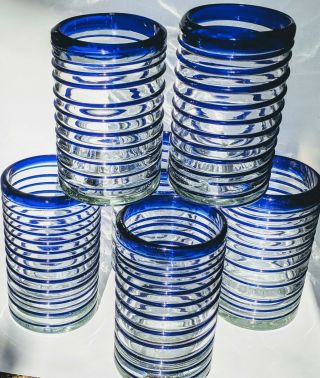 Set 6 Vtg.  Mexican Hand Blown Cobalt Blue Rim & Swirl Glass Drinking Glasses