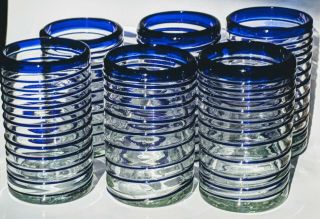 Set 6 Vtg.  Mexican Hand Blown Cobalt Blue Rim & Swirl Glass Drinking Glasses 2