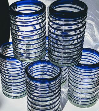 Set 6 Vtg.  Mexican Hand Blown Cobalt Blue Rim & Swirl Glass Drinking Glasses 3