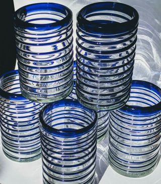 Set 6 Vtg.  Mexican Hand Blown Cobalt Blue Rim & Swirl Glass Drinking Glasses 4