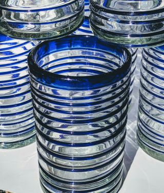 Set 6 Vtg.  Mexican Hand Blown Cobalt Blue Rim & Swirl Glass Drinking Glasses 5
