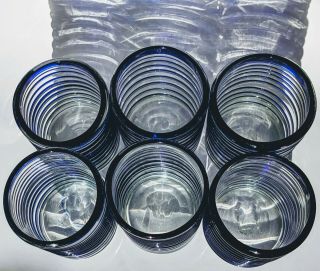 Set 6 Vtg.  Mexican Hand Blown Cobalt Blue Rim & Swirl Glass Drinking Glasses 6