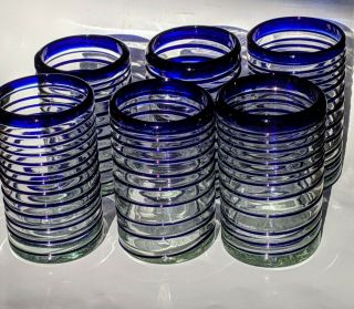 Set 6 Vtg.  Mexican Hand Blown Cobalt Blue Rim & Swirl Glass Drinking Glasses 7