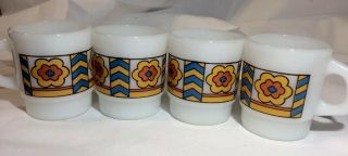 Vintage Anchor Hocking Milk Glass Coffee Mugs Set Of 4 Retro Print