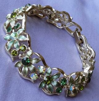 Vintage Coro Jewelcraft Aurora Green Stone Enamel Leaf Bracelet