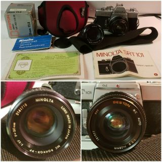 Vintage Minolta Srt 101 50mm Film Camera & Beston 28mm Lense Case Paperwork