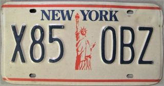 York Vintage License Plate X85 - Obz From 1986 Statue Of Liberty Red White Blu