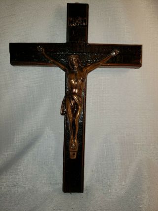 Large Vintage 12 Inch Crucifix Cross,  Burnt Wood Cross & Metal Body Of Christ