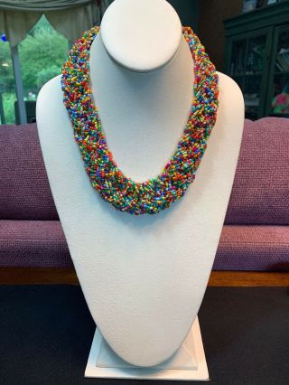 Vintage Wide Woven MiXed Multi Color Seed Bead Bib Statement Necklace 2