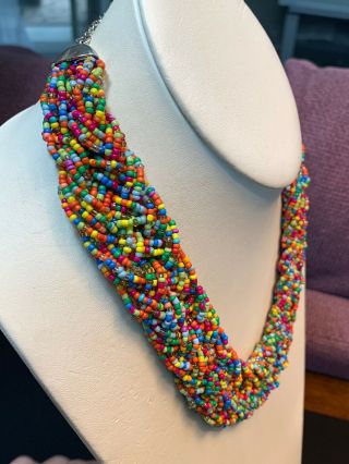 Vintage Wide Woven MiXed Multi Color Seed Bead Bib Statement Necklace 4