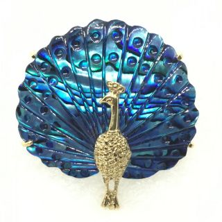Signed Butterfly Logo Vintage Peacock Bird Brooch Pin Abalone Plume Feathers