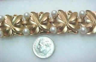 Vintage Crown Trifari Yellow Gold Tone Faux Pearls Wide Link Bracelet 6 1/2 "