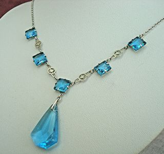 Art Deco Necklace Turquoise Blue Openback Glass & Drop Star Links Vintage 1930s