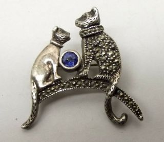 Vtg Sterling Silver Cat Brooch Pin Marcasite Kitten Ornate Mama Baby Cat