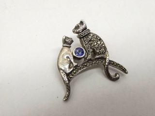 Vtg Sterling Silver Cat Brooch Pin Marcasite Kitten Ornate Mama Baby Cat 2