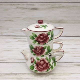 Vintage Lefton Rose Floral Stacking Teapot Salt Pepper Shakers Cruet Set