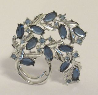 Vintage Sarah Coventry Blue Topaz Color Crystals Floral Brooch Silver Metal