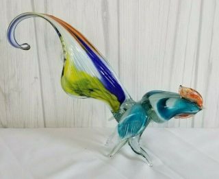 Vtg 12 " Hand Blown Italian Art Glass Colorful Rooster Chicken Bird Figure