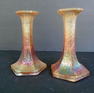 Vintage Textured Carnival Glass Candlesticks Set Of Two " Marigold "