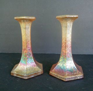 VINTAGE TEXTURED CARNIVAL GLASS CANDLESTICKS Set of Two 