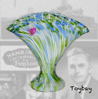 Vintage Fenton Vasa Murrhina Blue Green Mist 7 " Fan Vase With Tag 1964 - 66 Ln