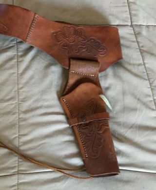 Vintage Leather Hand Tooled Pistol Gun Belt & Holster