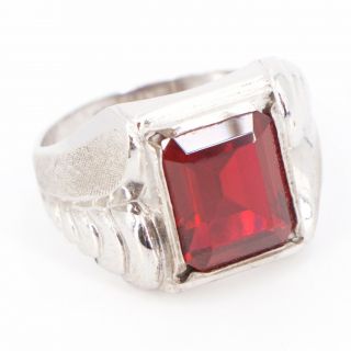 Vtg Sterling Silver Clark & Coombs Faceted Ruby Etched Signet Ring Size 8.  5 - 8g
