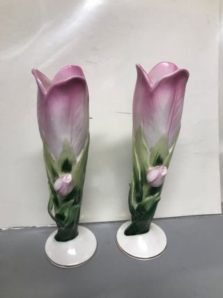 2 Pr Vintage Lefton Full Color Tulip Bud Vase Kw859 5 1/2 Inch Tall