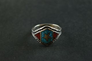 Vintage Sterling Silver Dome Ring W Turquoise & Coral Inlay - 6.  7g