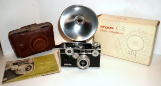 Vintage Argus C - 3 Camera And Leather Carrying Case,  Argus Flash Attachment