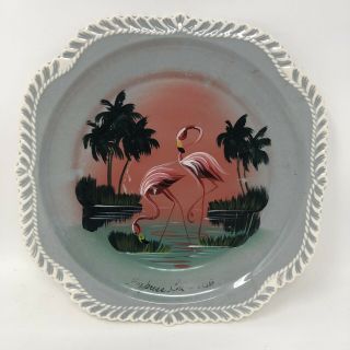 Vintage Mid Century Harker Ware Pottery Hand Painted Flamingo Plate Kitsch
