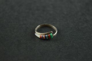 Vintage Sterling Silver Ring W White Purple Green & Orange Enamel - 1g